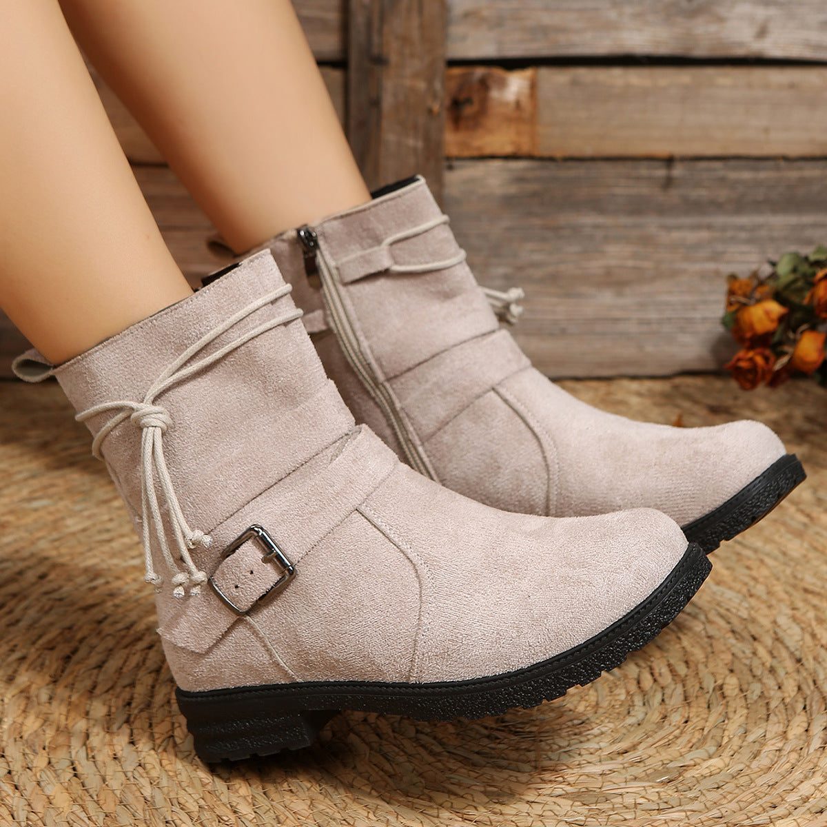 Mythili | Suede Ankle Boots with Side Zip and Buckle for Women