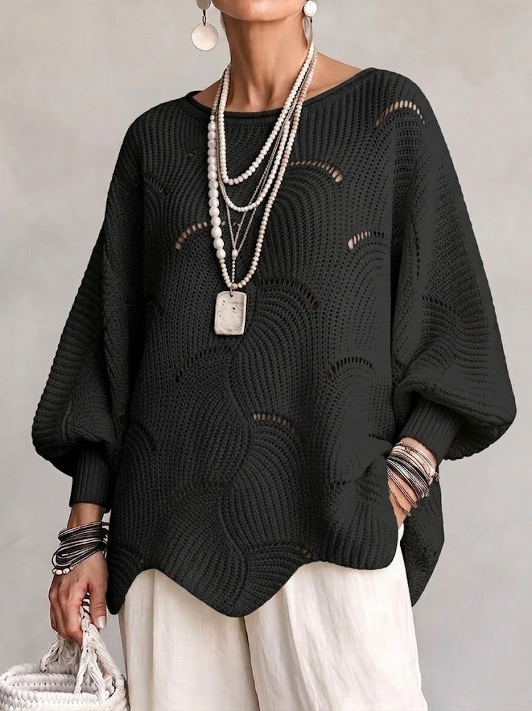 Thira | Women's Openwork Wave Stitch Pointelle Oversized Sweater
