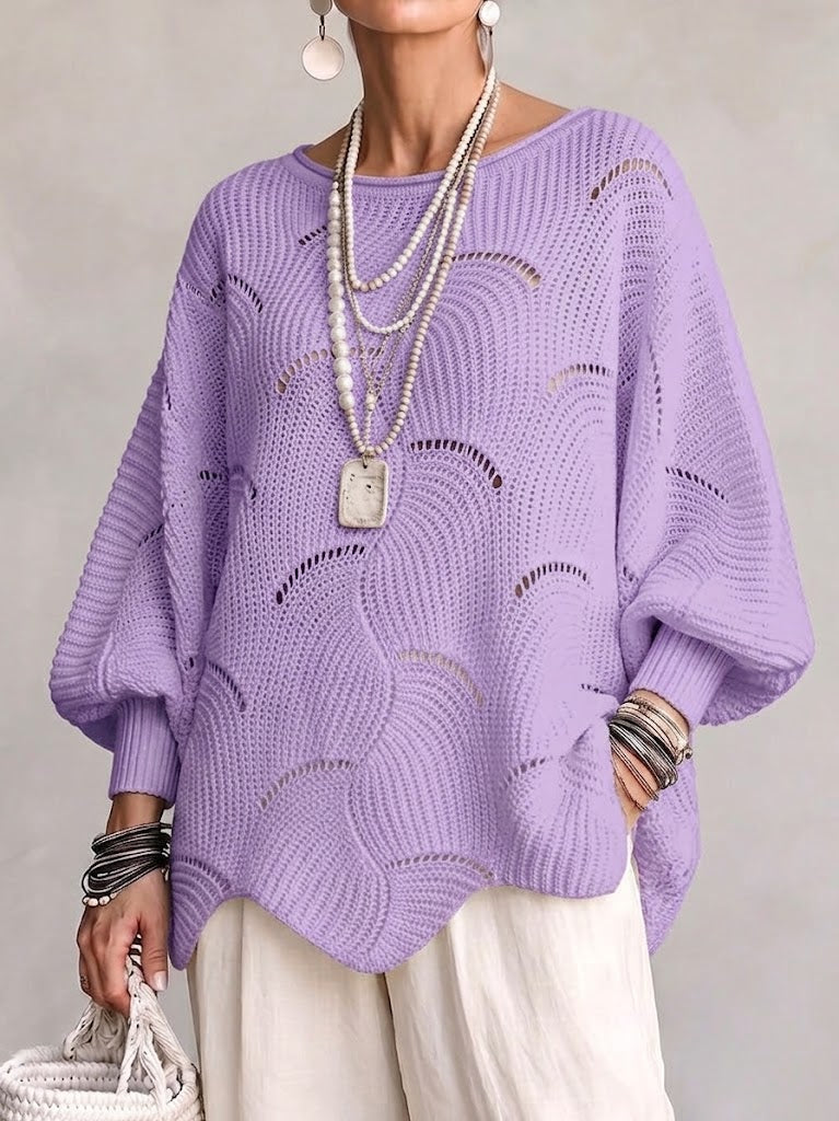 Thira | Women's Openwork Wave Stitch Pointelle Oversized Sweater
