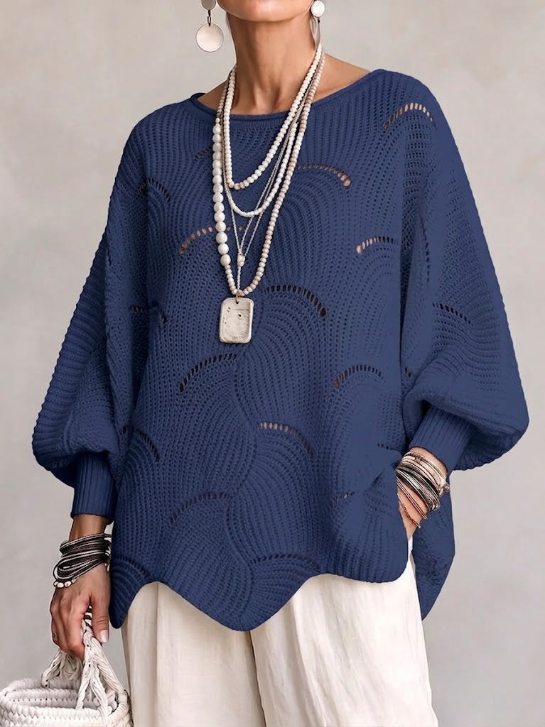Thira | Women's Openwork Wave Stitch Pointelle Oversized Sweater