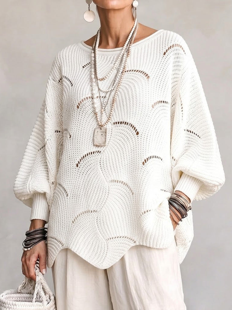 Thira | Women's Openwork Wave Stitch Pointelle Oversized Sweater