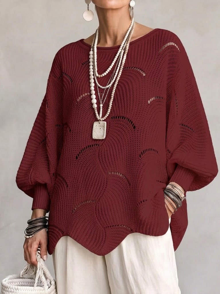 Thira | Women's Openwork Wave Stitch Pointelle Oversized Sweater