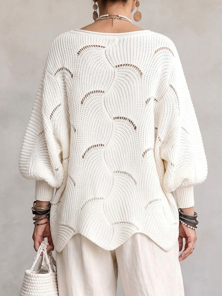 Thira | Women's Openwork Wave Stitch Pointelle Oversized Sweater