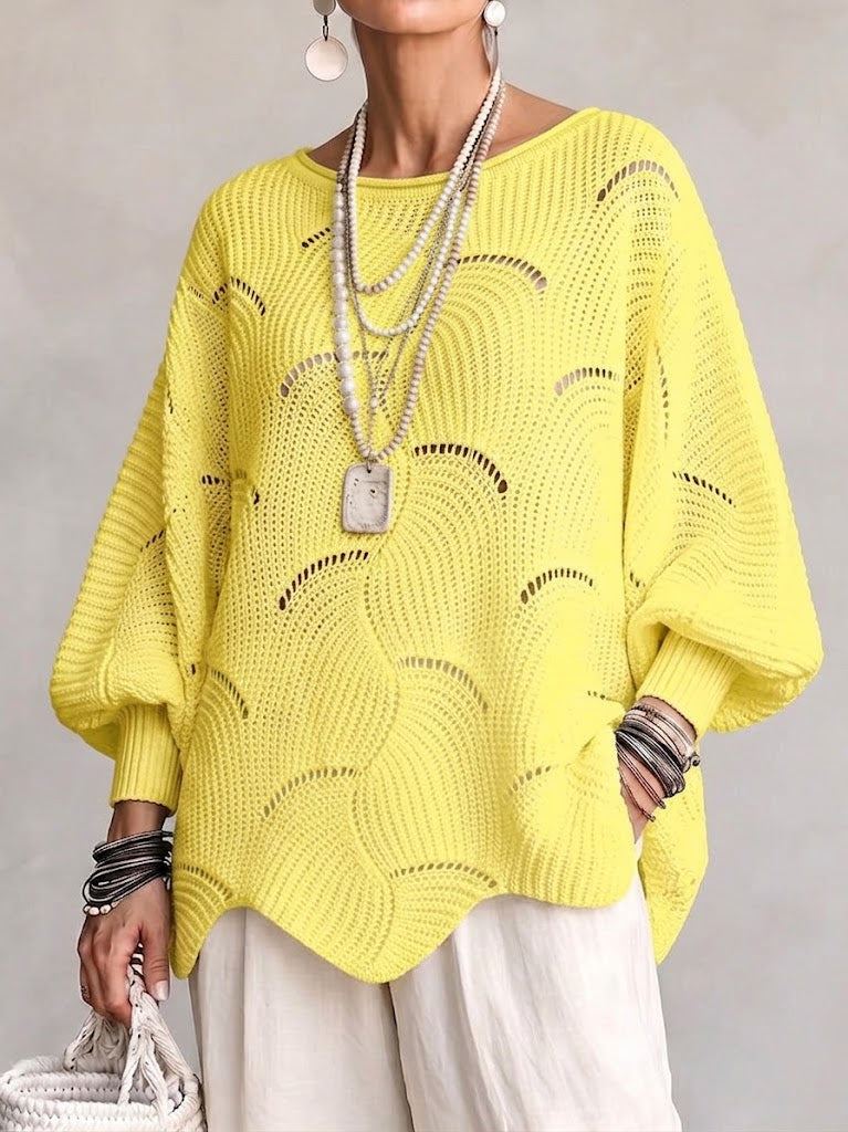 Thira | Women's Openwork Wave Stitch Pointelle Oversized Sweater