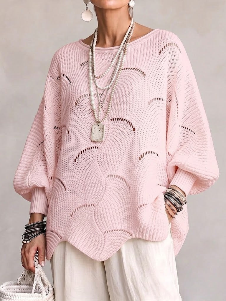 Thira | Women's Openwork Wave Stitch Pointelle Oversized Sweater