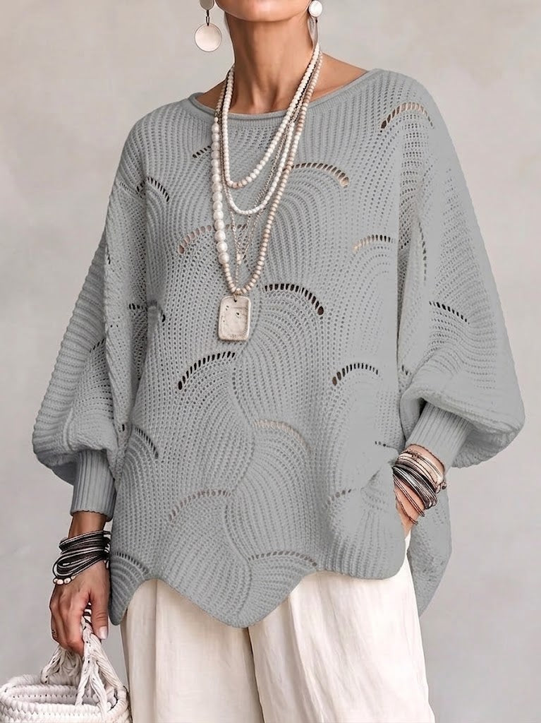 Thira | Women's Openwork Wave Stitch Pointelle Oversized Sweater