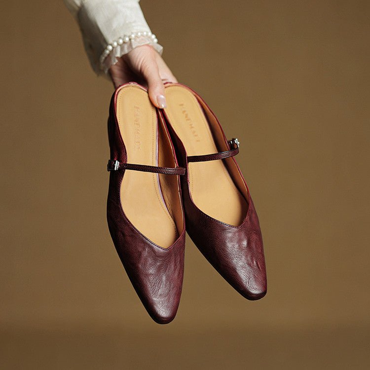Layla | Women's Pointed-Toe Mary Jane Buckle-Strap Leather Mule Flats