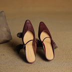 Layla | Women's Pointed-Toe Mary Jane Buckle-Strap Leather Mule Flats